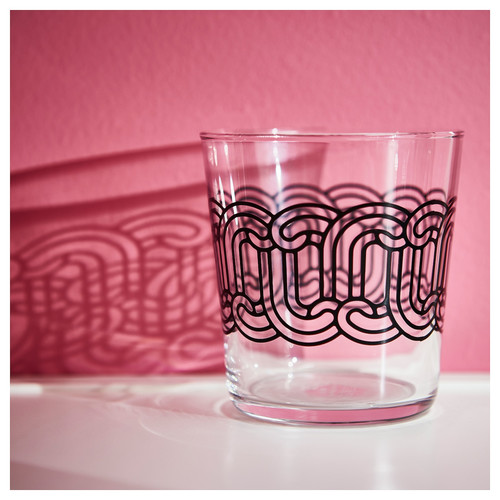 SÖTRÖNN Glass, clear glass patterned/black, 30 cl, 4 pack