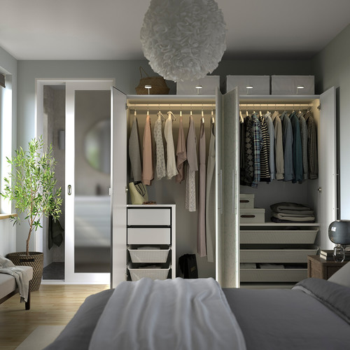 PAX / LINNABERG/ÅHEIM Wardrobe combination, white patterned/mirror glass, 200x66x201 cm