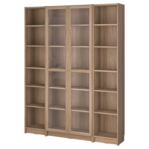 BILLY / OXBERG Bookcase comb w glass doors, oak effect, 160x202 cm