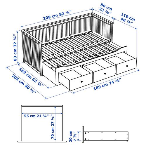 HEMNES Day-bed w 3 drawers/2 mattresses, grey/Åfjäll medium firm, 80x200 cm