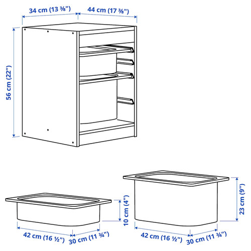 TROFAST Storage combination with boxes, grey/white, 34x44x56 cm