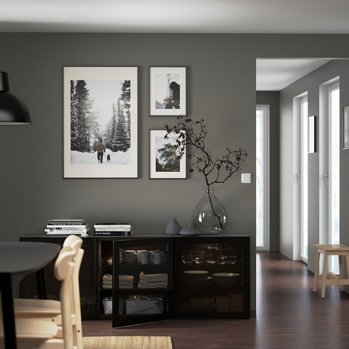 BESTÅ Storage combination with doors, black-brown/Glassvik black/smoked glass, 180x42x65 cm