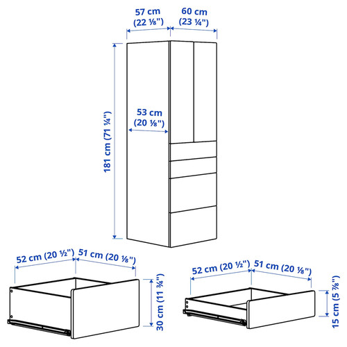 SMÅSTAD / PLATSA Wardrobe, white/birch with 4 drawers, 60x57x181 cm