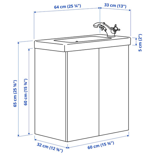 ENHET / TVÄLLEN Wash-stnd w doors/wash-basin/tap, white/oak effect, 64x33x65 cm