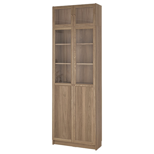 BILLY / OXBERG Bookcase with glass doors, oak effect/clear glass, 80x30x237 cm