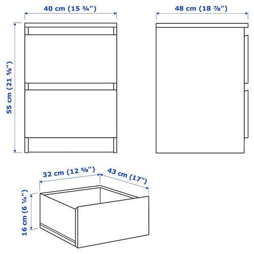 MALM Chest of 2 drawers, white/high-gloss, 40x55 cm