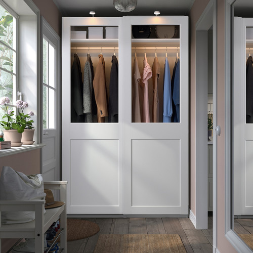 PAX / GRIMO Wardrobe with sliding doors, white/clear glass white, 150x66x236 cm