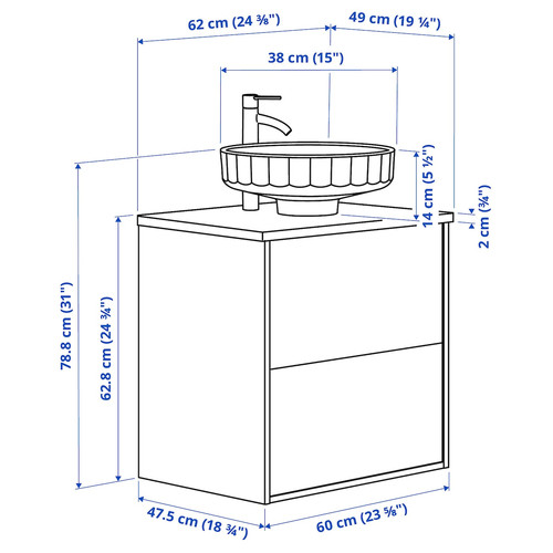 ÄNGSJÖN / LERSJÖN Wash-stnd w drawers/wash-basin/tap, high-gloss white/black marble effect, 62x49x79 cm