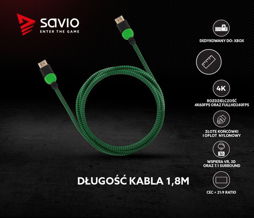 Savio HDMI Cable Ultra HD 4K GCL-03 v2.0 1.8m, braid green