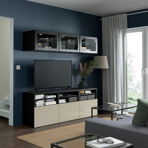 BESTÅ TV storage combination/glass doors, black-brown/Selsviken high-gloss/beige clear glass, 180x42x192 cm