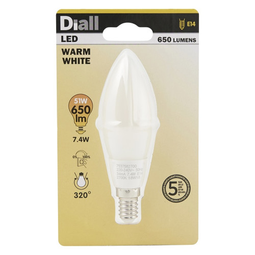 Diall LED Bulb B35 E14 7.4W 650lm DIM, frosted, warm white
