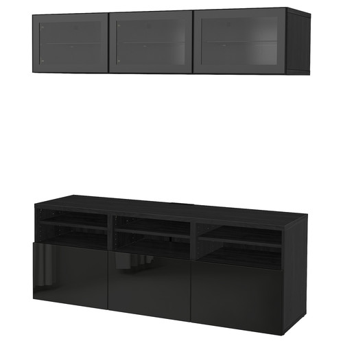 BESTÅ TV storage combination/glass doors, black-brown/Selsviken high-gloss/black clear glass, 180x42x192 cm