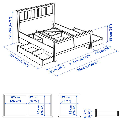 HEMNES Bed frame with 4 storage boxes, grey stained, Lönset, 160x200 cm