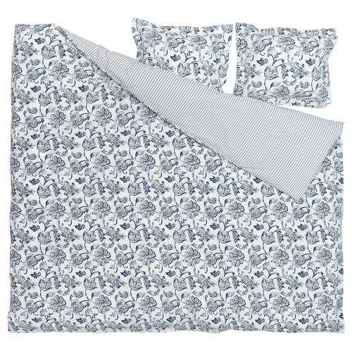 JUNIMAGNOLIA Duvet cover and 2 pillowcases, white/navy, 200x200/50x60 cm