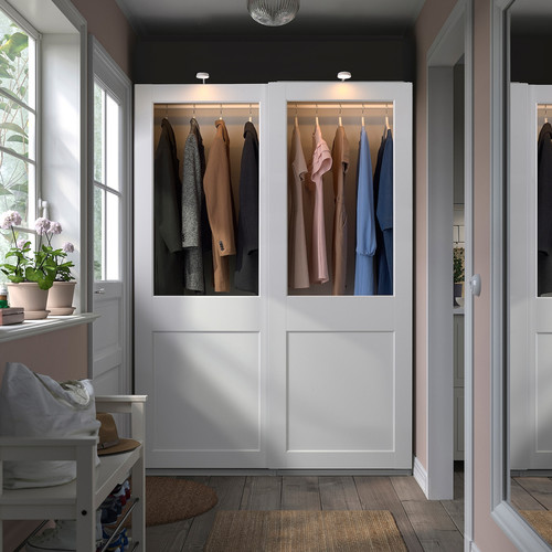 PAX / GRIMO Wardrobe with sliding doors, white/clear glass white, 150x66x201 cm