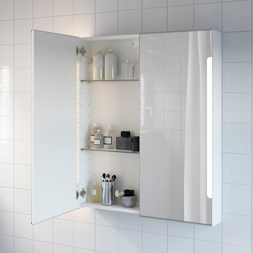 STORJORM Mirror cab 2 door/built-in lighting, white, 80x14x96 cm