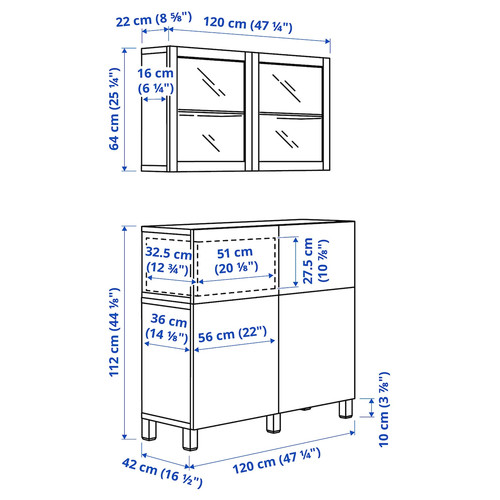 BESTÅ Storage combination w doors/drawers, white/Selsviken/Stubbarp high-gloss/white clear glass, 120x42x213 cm