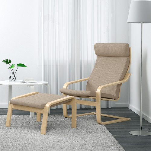 POÄNG Armchair and footstool, birch veneer/Hillared beige