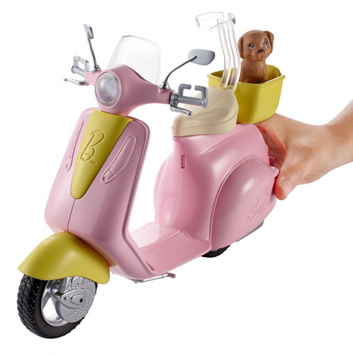 Barbie Pink & Yellow Scooter Moped With Puppy & Helmet FRP56 3+