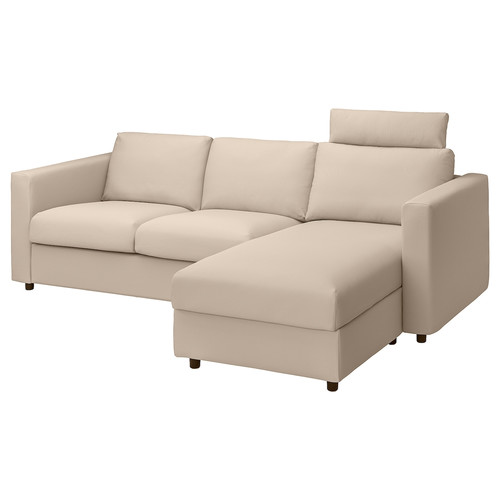 VIMLE 3-seat sofa with chaise longue, with headrest, Hallarp beige