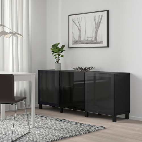 BESTÅ Storage combination with drawers, black-brown, Selsviken/Stubbarp high-gloss/black smoked glass, 180x42x74 cm