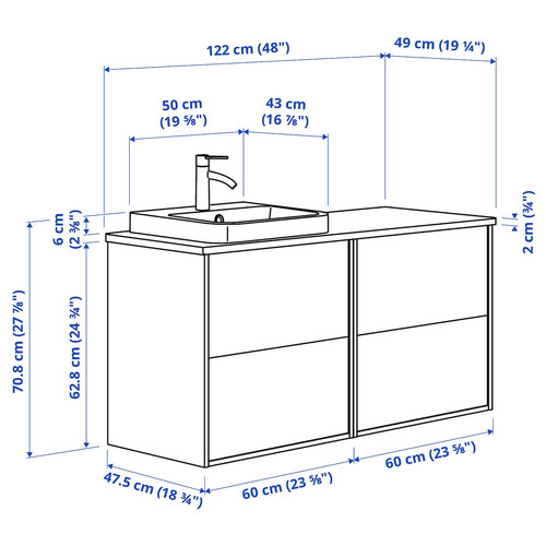 ÄNGSJÖN / BACKSJÖN Wash-stand/wash-basin/tap, high-gloss white/brown walnut effect, 122x49x71 cm