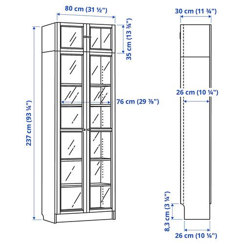 BILLY / OXBERG Bookcase with glass doors, oak effect/clear glass, 80x30x237 cm