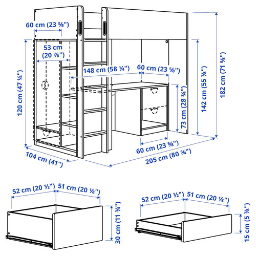 SMÅSTAD Loft bed, white lilac/with desk with 3 drawers, 90x200 cm