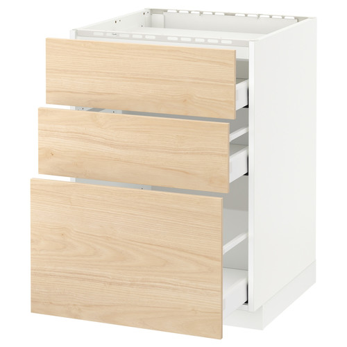 METOD / MAXIMERA Base cab f hob/3 fronts/3 drawers, white, Askersund light ash effect, 60x60 cm