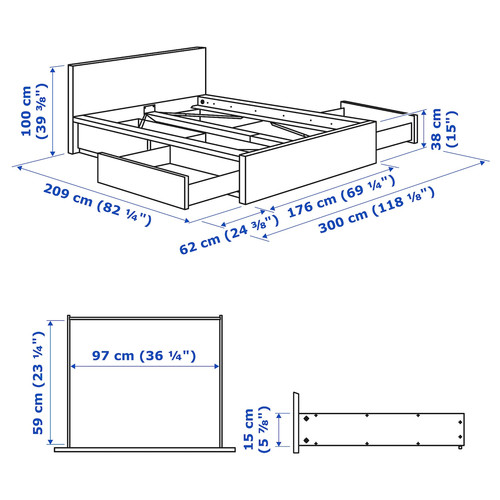 MALM Bed frame, high, w 4 storage boxes, white stained oak veneer, Leirsund, 160x200 cm