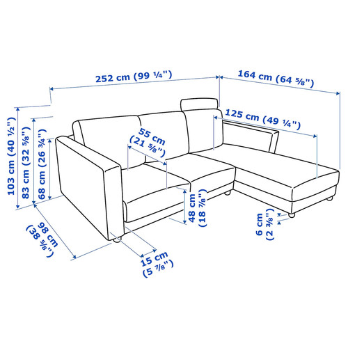 VIMLE 3-seat sofa with chaise longue, with headrest, Hallarp grey