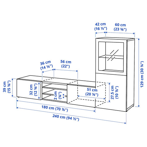 BESTÅ TV storage combination/glass doors, white/Selsviken high-gloss/beige clear glass, 240x42x129cm