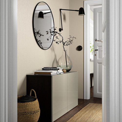 BESTÅ Storage combination with doors, black-brown, Selsviken high-gloss/beige, 120x42x65 cm