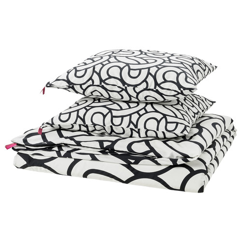 SÖTRÖNN Duvet cover and 2 pillowcases, white/black/patterned, 200x200/50x60 cm