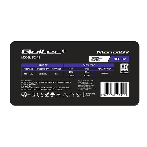 Qoltec PCI-E Power Supply 1800W 80 Plus Platinum