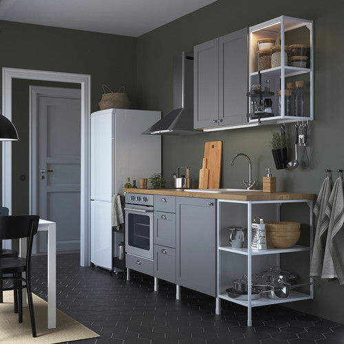 ENHET Kitchen, white, grey frame, 203x63.5x222 cm