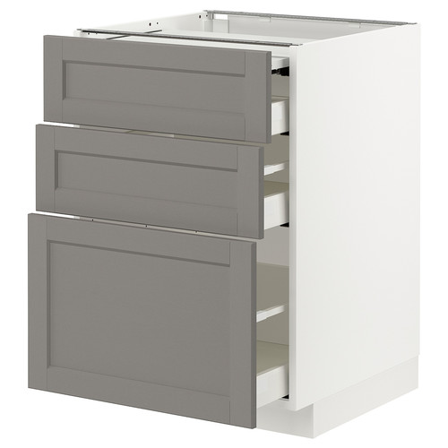 METOD / MAXIMERA Bc w pull-out work surface/3drw, white/Lerhyttan light grey, 60x60 cm