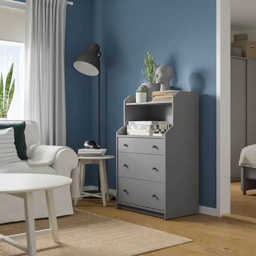 HAUGA Chest of 3 drawers with shelf, grey, 70x116 cm