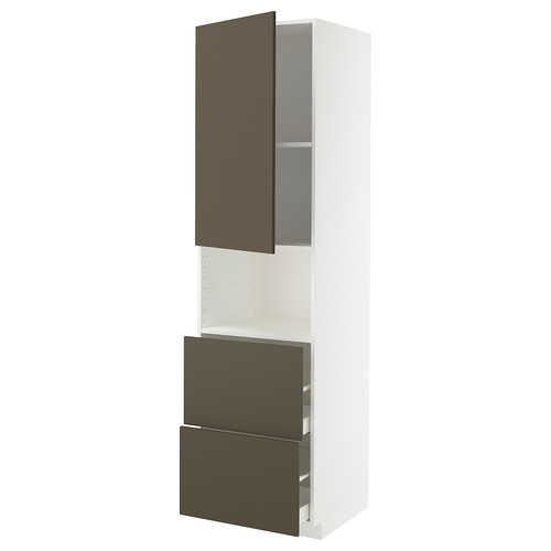 METOD / MAXIMERA Hi cab f micro w door/2 drawers, white/Havstorp brown-beige, 60x60x220 cm