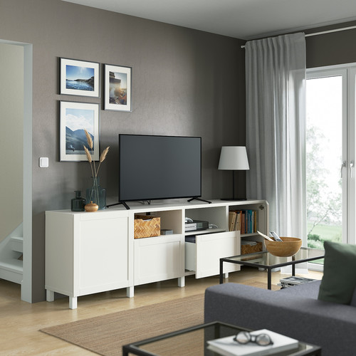 BESTÅ TV bench with doors and drawers, white/Hanviken/Stubbarp white, 240x42x74 cm