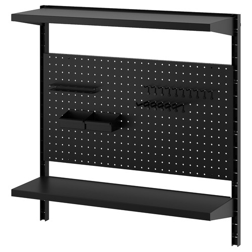BROR Wall shelf combination, with pegboard/2 shelves/black, 88x30x90 cm