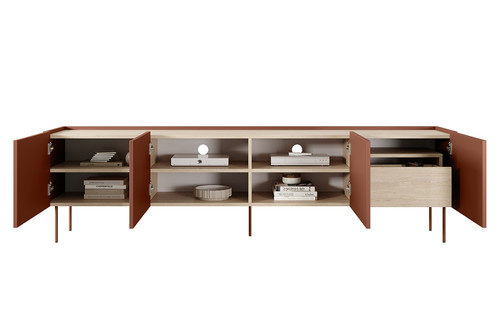 Four-Door TV Cabinet with Drawer Desin 220, ceramic red/nagano oak