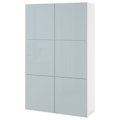 BESTÅ Storage combination with doors, white Selsviken, high-gloss light grey-blue, 120x42x193 cm