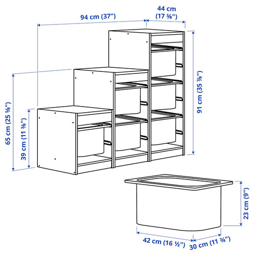 TROFAST Storage combination with boxes, light white stained pine/grey, 94x44x91 cm