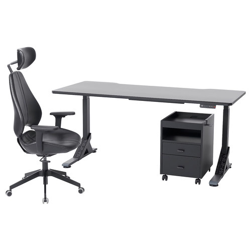 UPPSPEL / GRUPPSPEL Desk, chair and drawer unit, black/Grann black, 180x80 cm