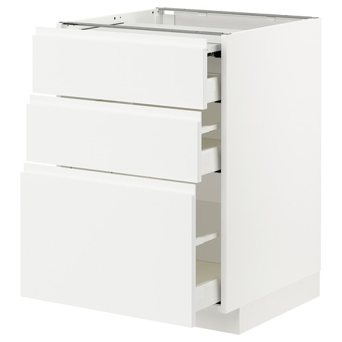 METOD / MAXIMERA Bc w pull-out work surface/3drw, white/Voxtorp matt white, 60x60 cm