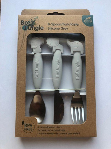 Bo Jungle B-Spoon, Fork, Knife Cutlery for Children Silicone/Inox, grey