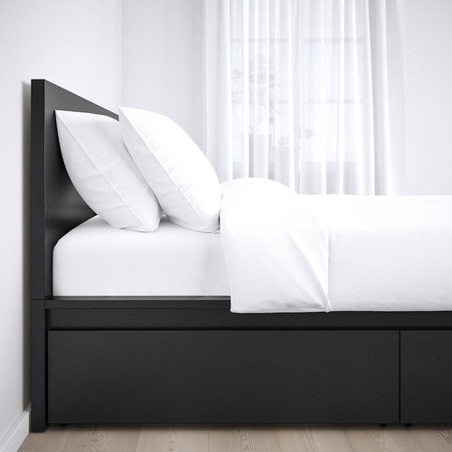 MALM Bed frame, high, w 4 storage boxes, black-brown, Luröy, 140x200 cm