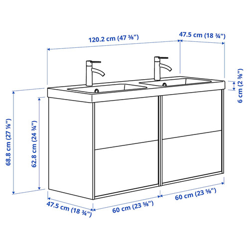 ÄNGSJÖN / BACKSJÖN Wash-stand/wash-basin/taps, high-gloss white, 122x49x69 cm