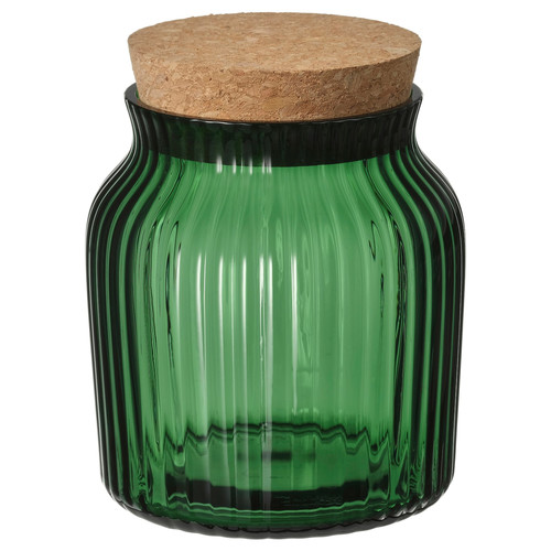 VINTERFINT Jar with lid, cork/glass green, 15 cm